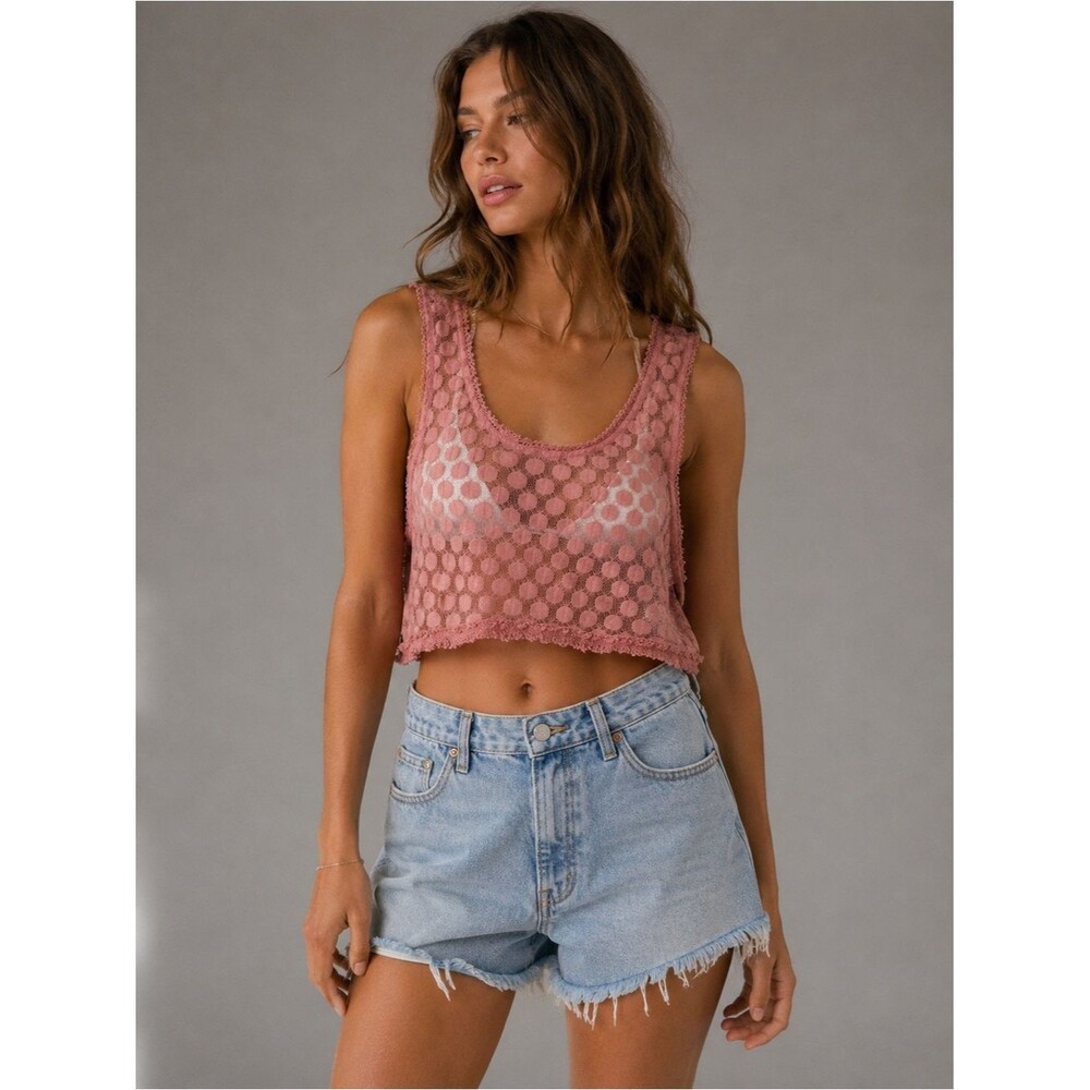 Free People Pink Swiss Dot Mesh Crop Top Sleeveless Boho Raw Hem Women’s S